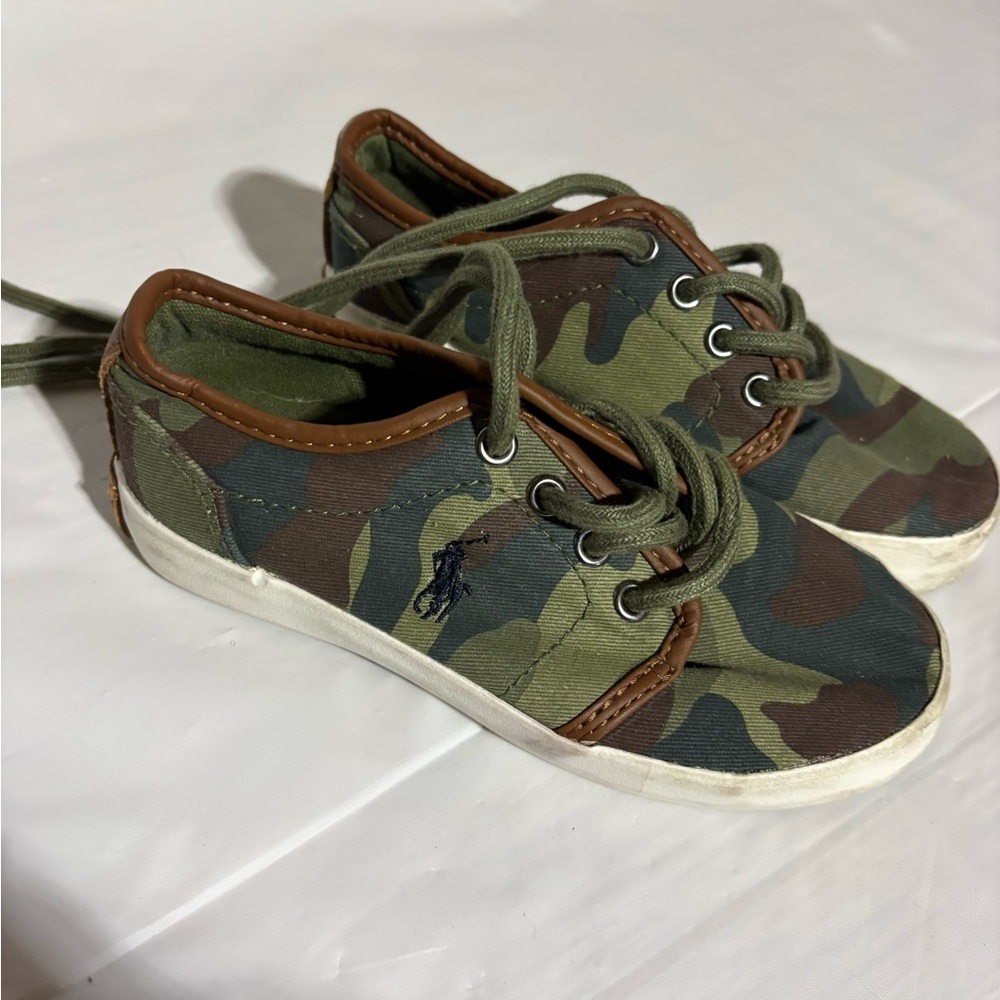 Ralph Lauren Kids Green Camouflage Sneakers with Brown Accents